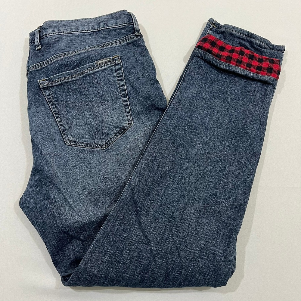Eddie Bauer Jeans Flannel Lined Boyfriend Relaxed Blue Denim Women‎ T16 READ